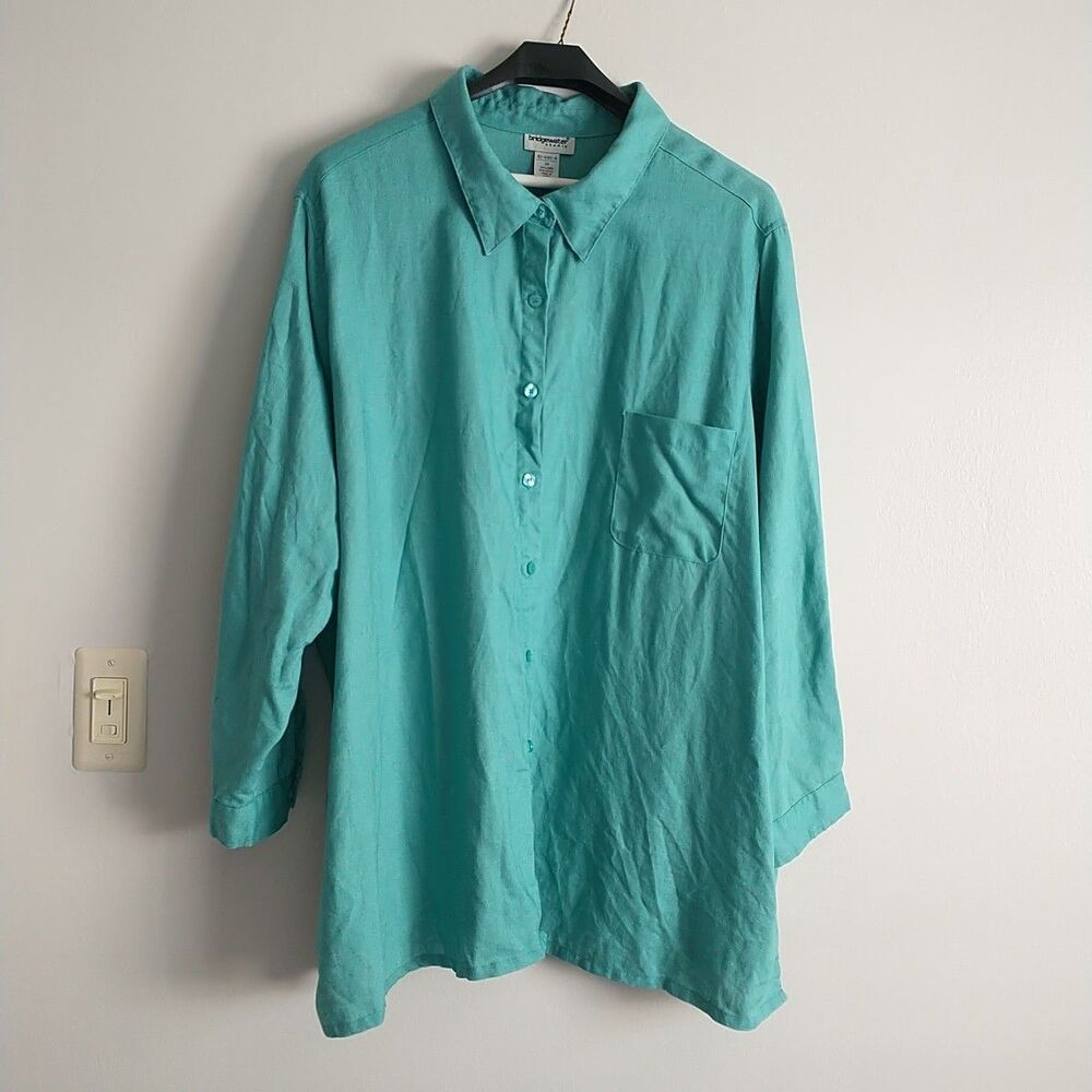 Bridgewater Studio Shirt Tunic Women 3X Green 100%Linen LongSleeve Collar Button